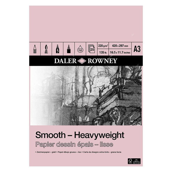 Daler Rowney Heavyweight Cartridge Paper Pad, 403040300, A3, 220 GSM, 25 Sheets, 297 x 420MM, White