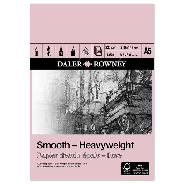 Daler Rowney Heavyweight Cartridge Paper Pad, 403040500, A5, 220 GSM, 25 Sheets, 148.5 x 210MM, White