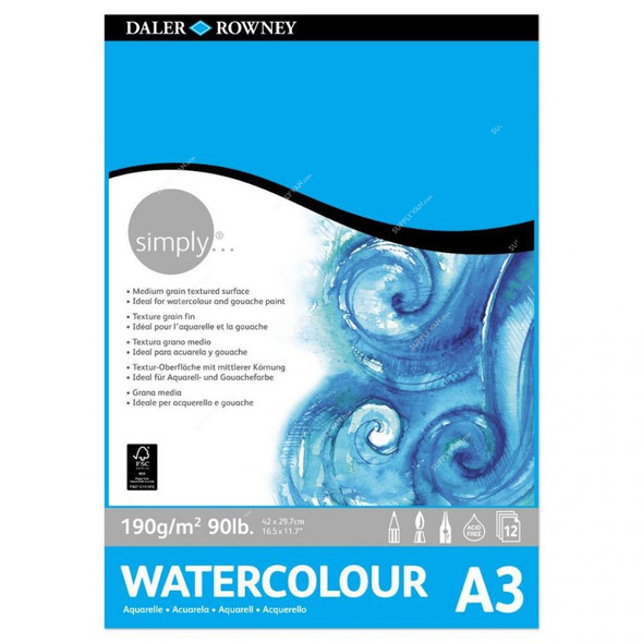 Daler Rowney Simply Watercolor Paper Pad, 431532300, A3, 190 GSM, 12 Sheets, 297 x 420MM, White