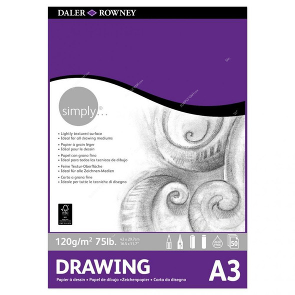 Daler Rowney Simply Drawing Paper Pad, 435931300, A3, 120 GSM, 50 Sheets, 297 x 420MM, White