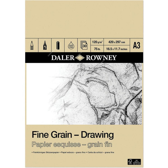 Daler Rowney Fine Grain Drawing Paper Pad, 437035300, A3, 120 GSM, 30 Sheets, 297 x 420MM, White