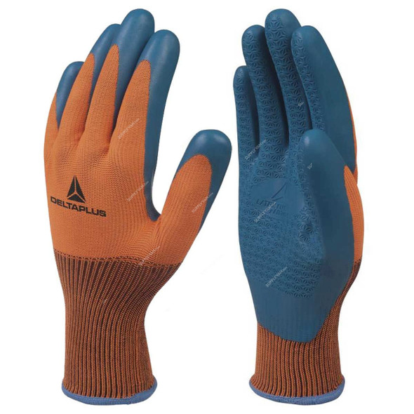 Delta Plus Latex Gloves, VE733OR07, Size7, 100% Polyester, Orange/Blue