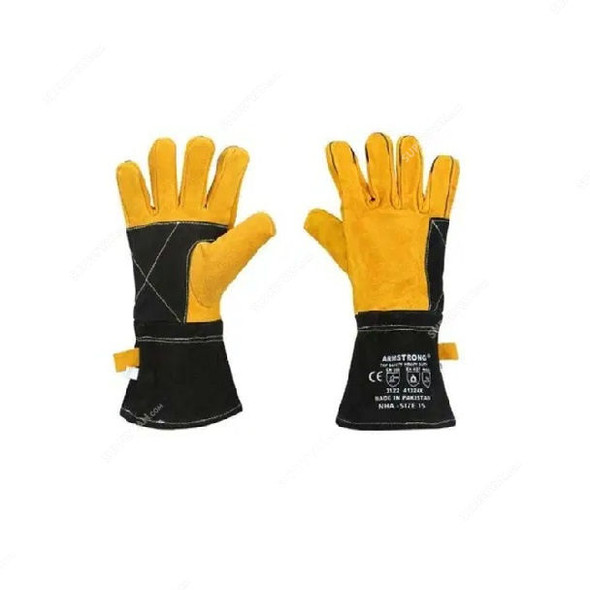 Armstrong Welding Gloves With Piping/Kevlar Thread Stitching, NHA14, Leather, L, Black/Yellow