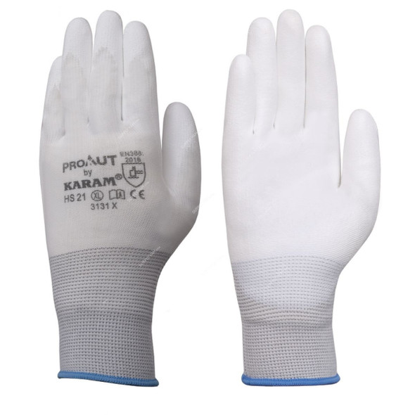 Karam PU Coated Hand Gloves, HS21, L, White/Grey