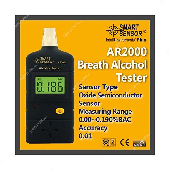 Smart Sensor Breath Alcohol Tester, AR2000, Range 0.00-0.190 percent BAC