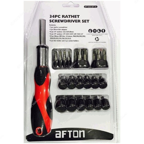 Afton Ratchet Screwdriver Set, AFT-SOC-SET-34, 34Pcs