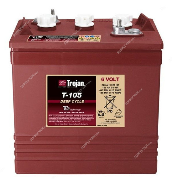 Trojan Flooded Lead Acid Battery, T-105, 6V, 225Ah/20Hr