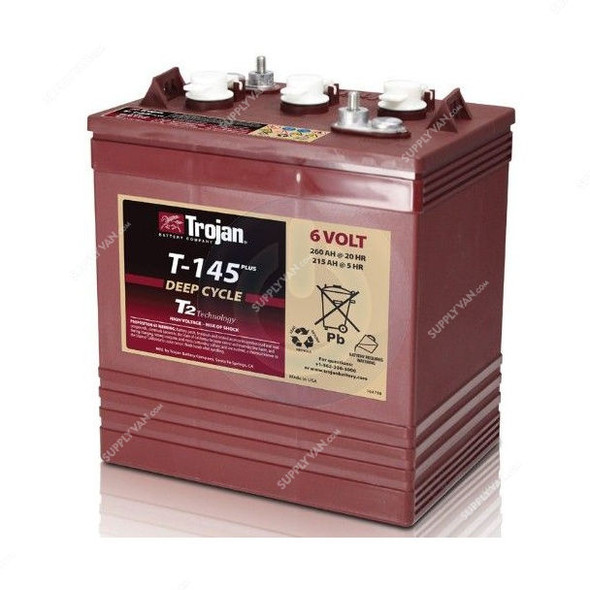 Trojan Flooded Lead Acid Battery, T-145, 6V, 260Ah/20Hr