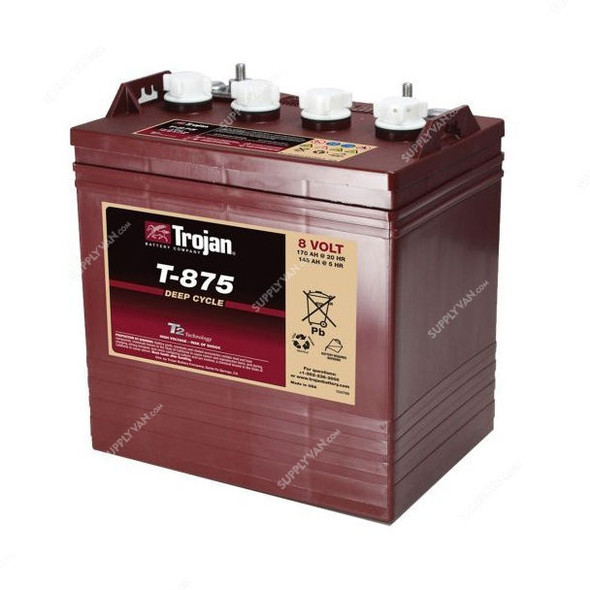 Trojan Flooded Lead Acid Battery, T-875, 8V, 170Ah/20Hr