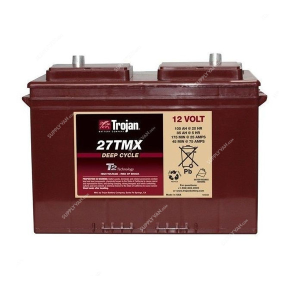 Trojan Flooded Lead Acid Battery, 27TMX, 12V, 105Ah/20Hr