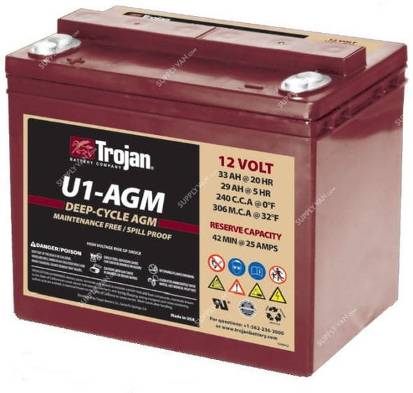 Trojan Sealed AGM Battery, U1-AGM, 12V, 33Ah/20Hr