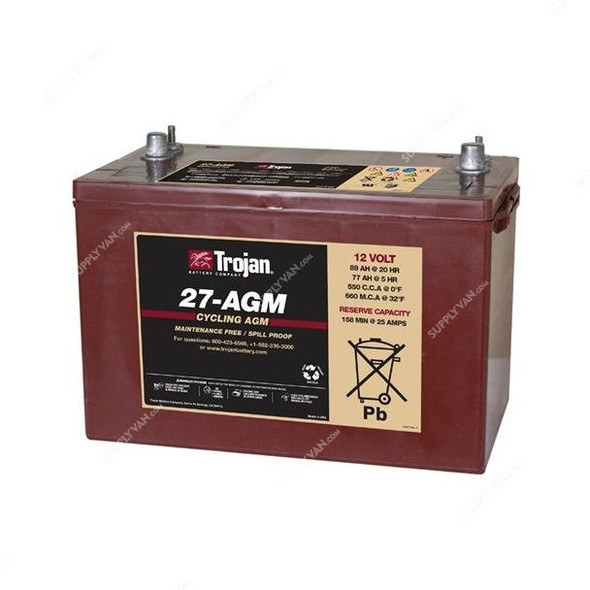 Trojan Sealed AGM Battery, 27-AGM, 12V, 89Ah/20Hr