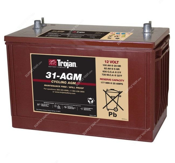 Trojan Sealed AGM Battery, 31-AGM, 12V, 100Ah/20Hr