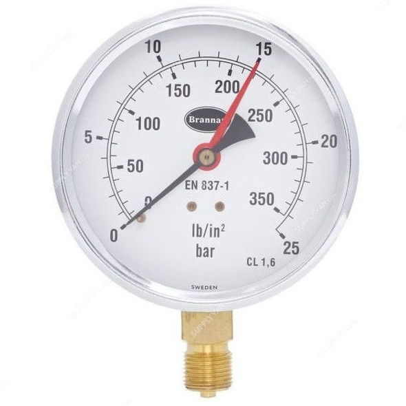 Brannan Pressure Gauge, 34-657-0, 100MM, 0-25 Bar