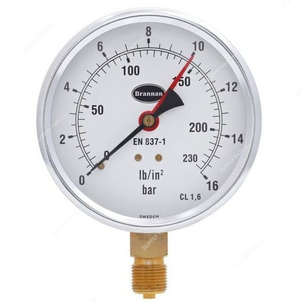 Brannan Pressure Gauge, 34-656-0, 100MM, 0-16 Bar