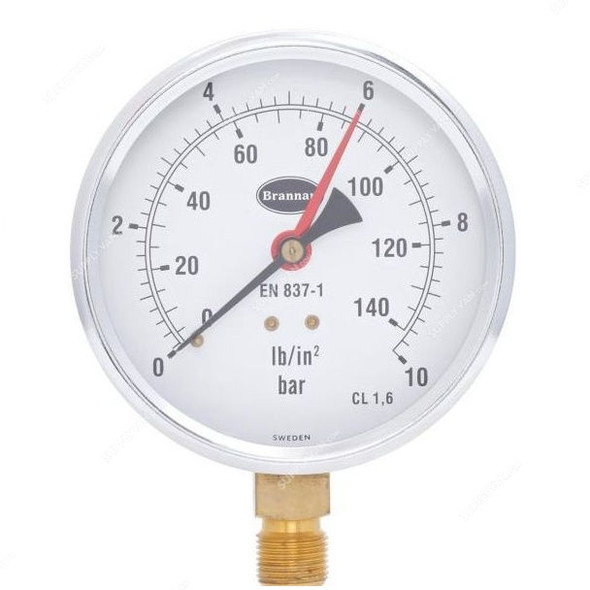 Brannan Pressure Gauge, 34-655-0, 100MM, 0-6 Bar