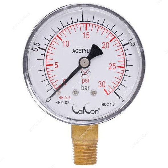 Calcon Actylene Pressure Gauge, CC151A, 63MM, 1/4 Inch, NPT, 0-30 Psi