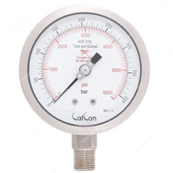 Calcon Oxygen Pressure Gauge, CC1851A, 100MM, 1/2 Inch, NPT, 0-6000 Psi