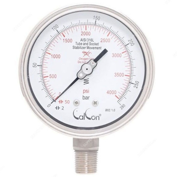 Calcon Oxygen Pressure Gauge, CC1851A, 100MM, 1/2 Inch, NPT, 0-4000 Psi