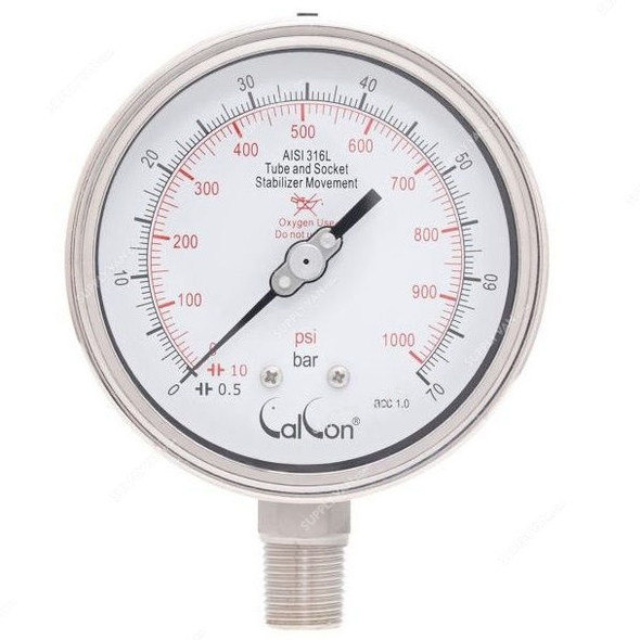 Calcon Oxygen Pressure Gauge, CC1851A, 100MM, 1/2 Inch, NPT, 0-1000 Psi