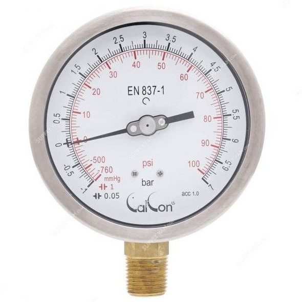 Calcon Pressure Gauge, CC10C, 100MM, 1/2 Inch, NPT, -1-7 Bar