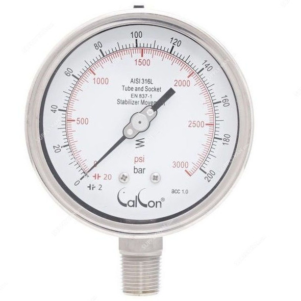 Calcon Pressure Gauge, CC18A, 100MM, 1/2 Inch, NPT, 0-200 Bar