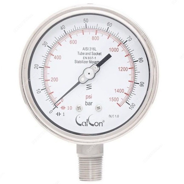 Calcon Pressure Gauge, CC18A, 100MM, 1/2 Inch, NPT, 0-100 Bar