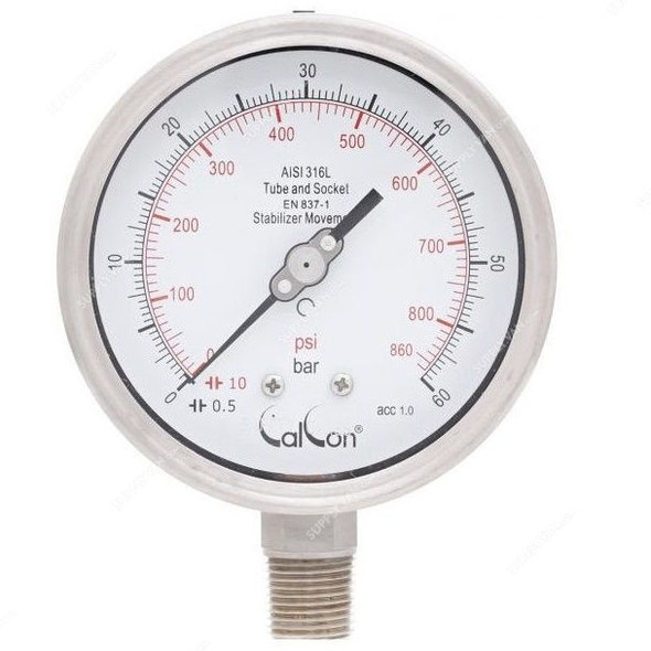 Calcon Pressure Gauge, CC18A, 100MM, 1/2 Inch, NPT, 0-60 Bar
