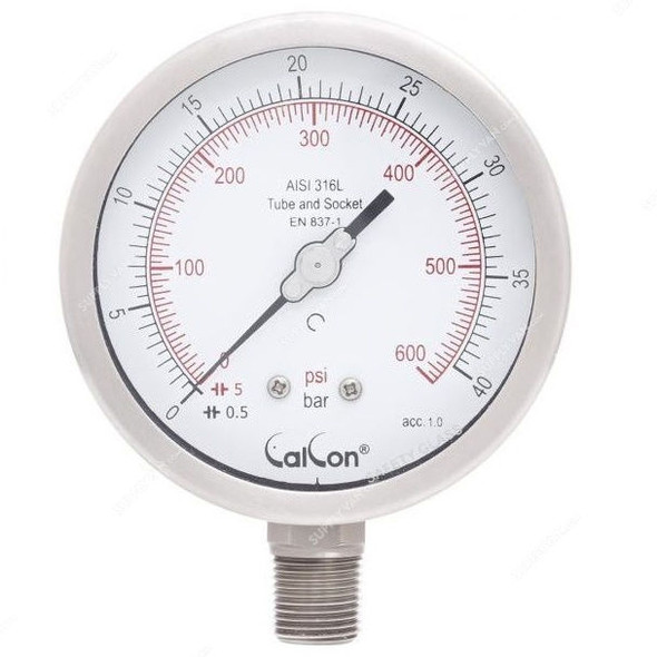 Calcon Pressure Gauge, CC18A, 100MM, 1/2 Inch, NPT, 0-40 Bar