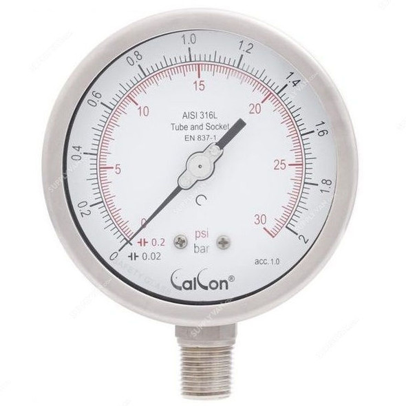Calcon Pressure Gauge, CC18A, 100MM, 1/2 Inch, NPT, 0-2 Bar