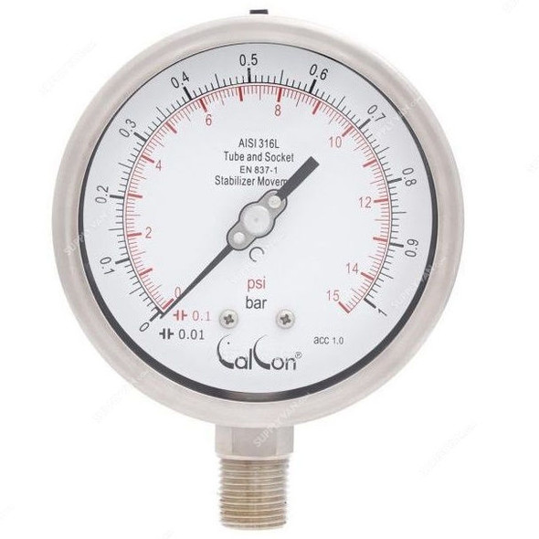 Calcon Pressure Gauge, CC18A, 100MM, 1/2 Inch, NPT, 0-1 Bar
