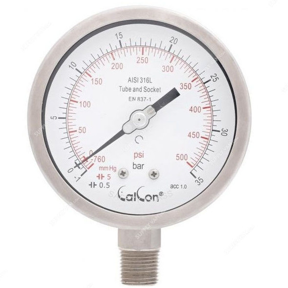 Calcon Pressure Gauge, CC18A, 100MM, 1/2 Inch, NPT, -1-35 Bar