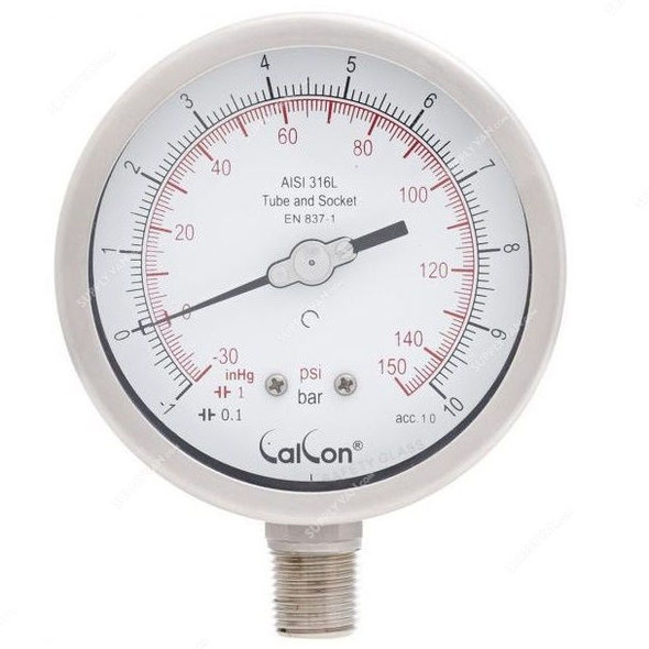 Calcon Pressure Gauge, CC18A, 100MM, 1/2 Inch, NPT, -1-10 Bar