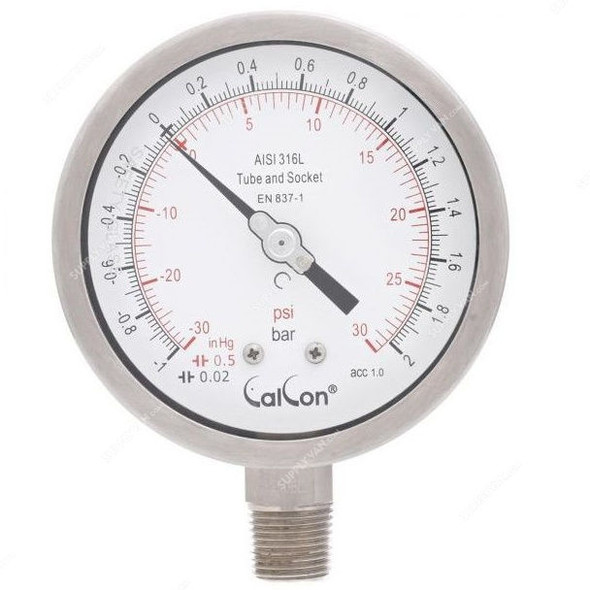 Calcon Pressure Gauge, CC18A, 100MM, 1/2 Inch, NPT, -1-2 Bar