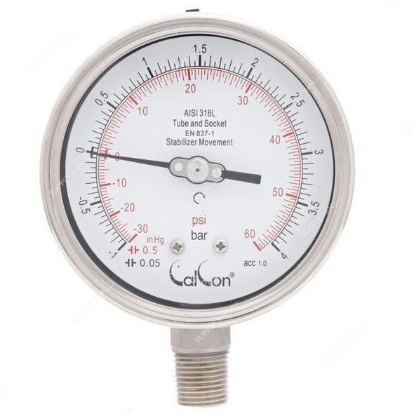 Calcon Pressure Gauge, CC18A, 100MM, 1/2 Inch, NPT, -1-4 Bar