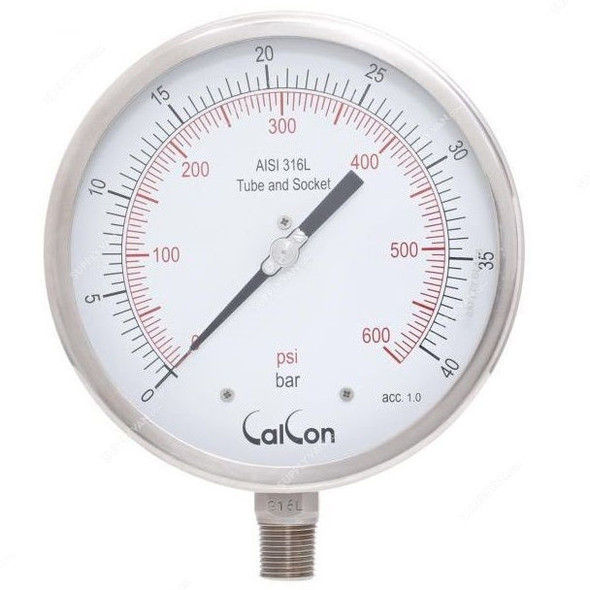 Calcon Pressure Gauge, CC18A, 160MM, 1/2 Inch, NPT, 0-40 Bar