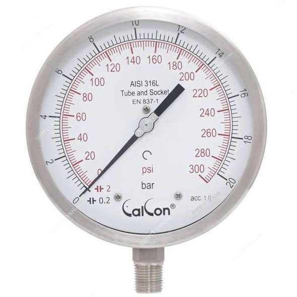 Calcon Pressure Gauge, CC18A, 160MM, 1/2 Inch, NPT, 0-20 Bar