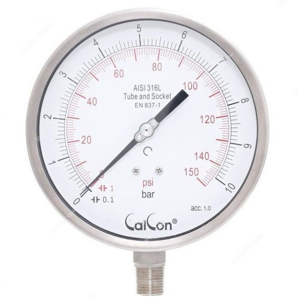 Calcon Pressure Gauge, CC18A, 160MM, 1/2 Inch, NPT, 0-10 Bar