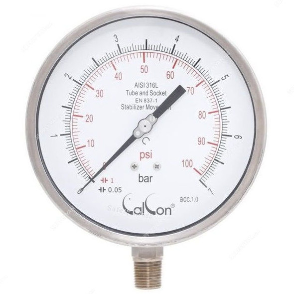 Calcon Pressure Gauge, CC18A, 160MM, 1/2 Inch, NPT, 0-7 Bar