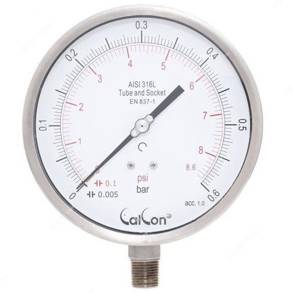 Calcon Pressure Gauge, CC18A, 160MM, 1/2 Inch, NPT, 0-0.6 Bar