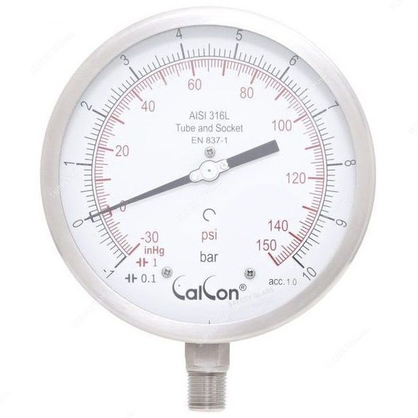 Calcon Pressure Gauge, CC18A, 160MM, 1/2 Inch, NPT, -1-10 Bar