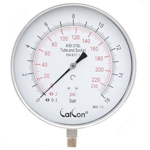 Calcon Pressure Gauge, CC18A, 250MM, 1/2 Inch, NPT, 0-16 Bar