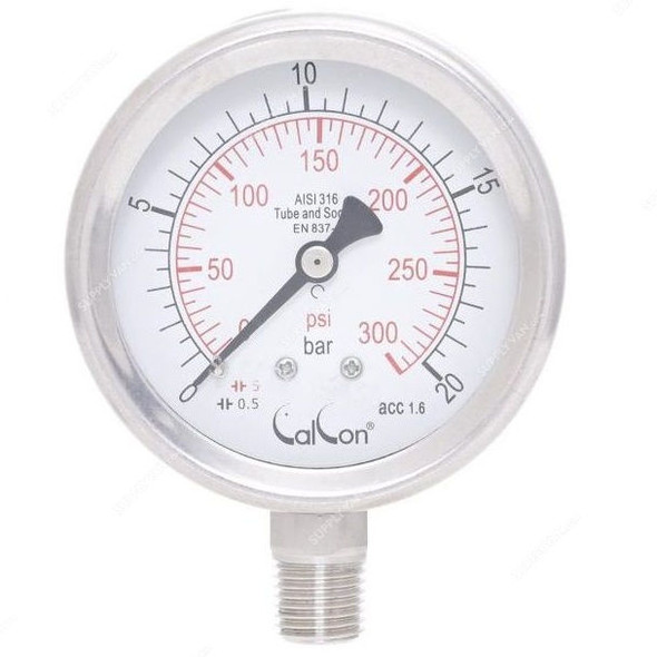 Calcon Pressure Gauge, CC18A, 63MM, 1/4 Inch, NPT, 0-20 Bar