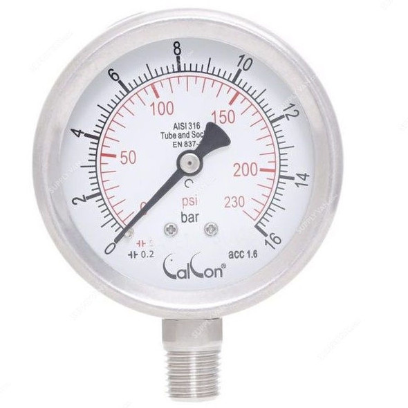 Calcon Pressure Gauge, CC18A, 63MM, 1/4 Inch, NPT, 0-16 Bar