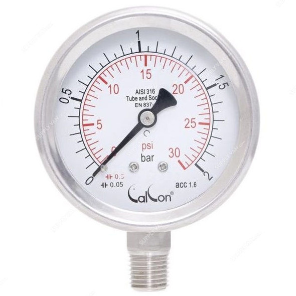 Calcon Pressure Gauge, CC18A, 63MM, 1/4 Inch, NPT, 0-2 Bar