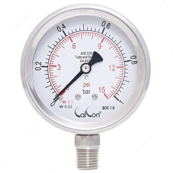Calcon Pressure Gauge, CC18A, 63MM, 1/4 Inch, NPT, 0-1 Bar