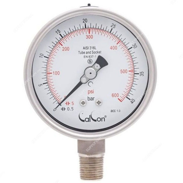 Calcon Pressure Gauge, CC20A, 100MM, 1/2 Inch, NPT, 0-40 Bar