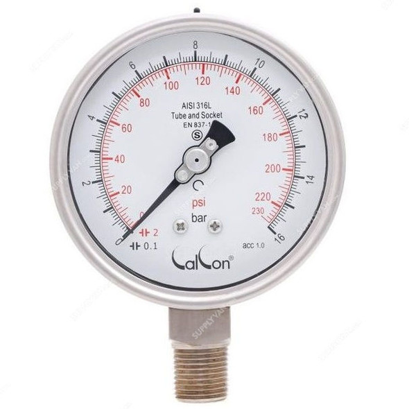 Calcon Pressure Gauge, CC20A, 100MM, 1/2 Inch, NPT, 0-16 Bar