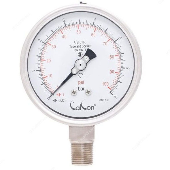 Calcon Pressure Gauge, CC20A, 100MM, 1/2 Inch, NPT, 0-7 Bar