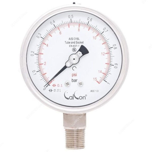 Calcon Pressure Gauge, CC20A, 100MM, 1/2 Inch, NPT, 0-1 Bar